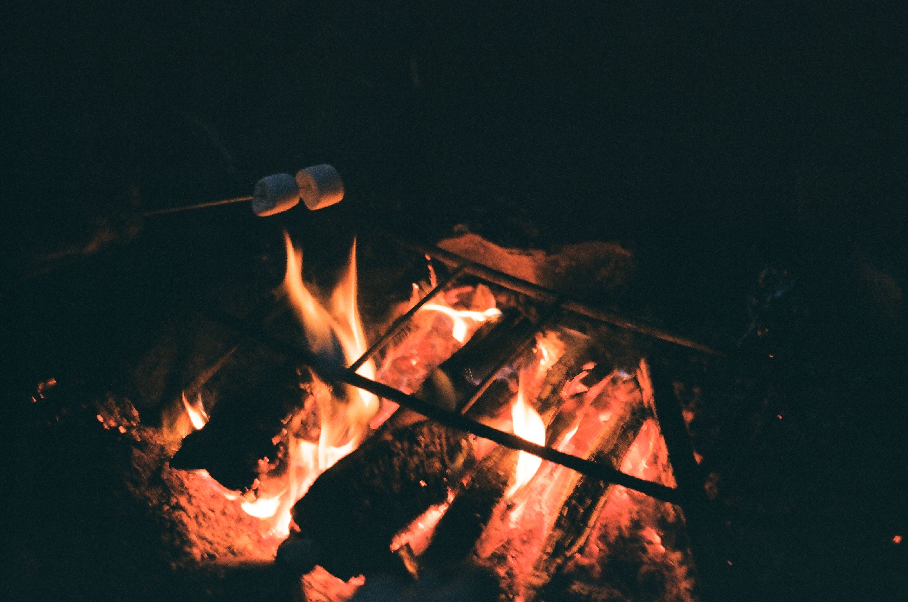 Free A warm campfire scene with marshmallows being roasted at night. Perfect for outdoor adventure themes. Stock Photo