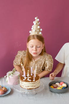A child in a festive hat blows out candles on a birthday cake during a party.