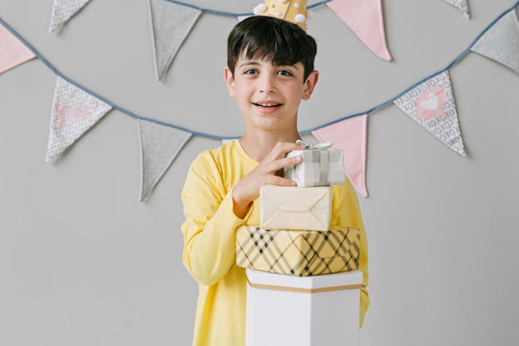 Boy Long Sleeve Shirt Holding Birthday Gifts