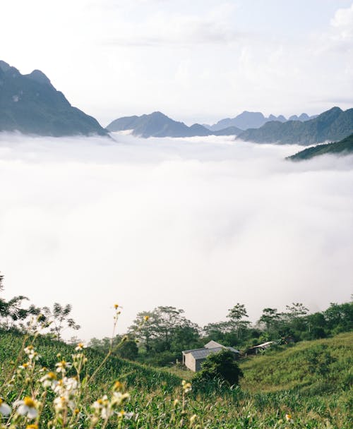 Rocky Mountain Peaks Protruding Above the Clouds Covering the Valley