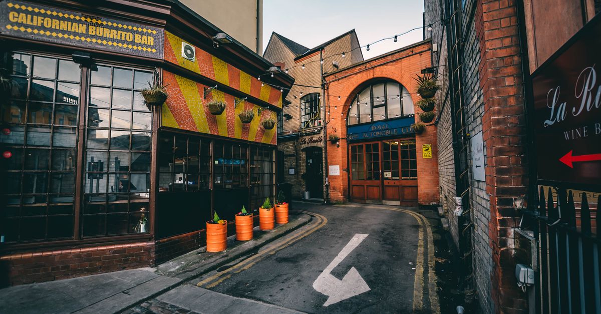 A vibrant alley in Dublin featuring local shops and rustic architecture.