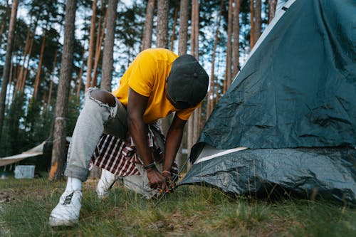 Man in Cap Placing Tent in Forest