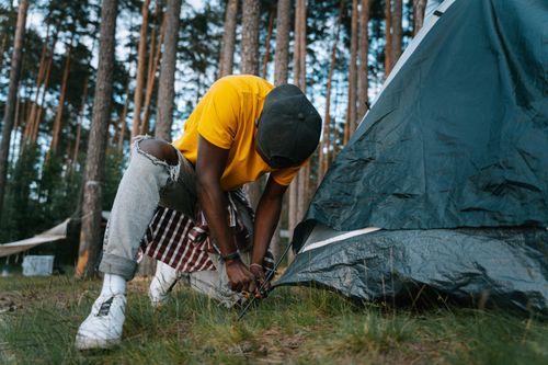 Free Adult man in casual attire setting up a tent in a forest campsite, embodying adventure and outdoor leisure. Stock Photo