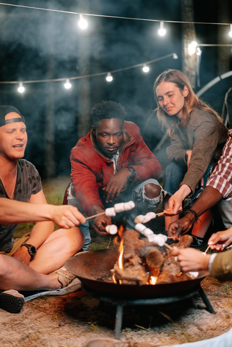 Group Of Friends Roasting Marshmallows In Bonfire