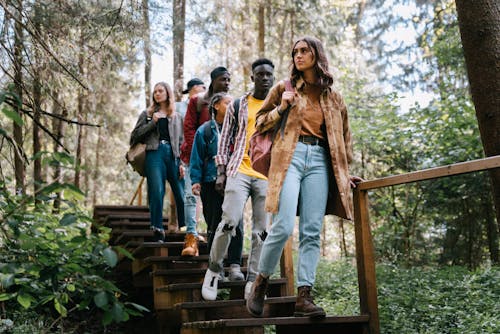 People Walking Down the Concrete Steps in the Forest while Looking Afar