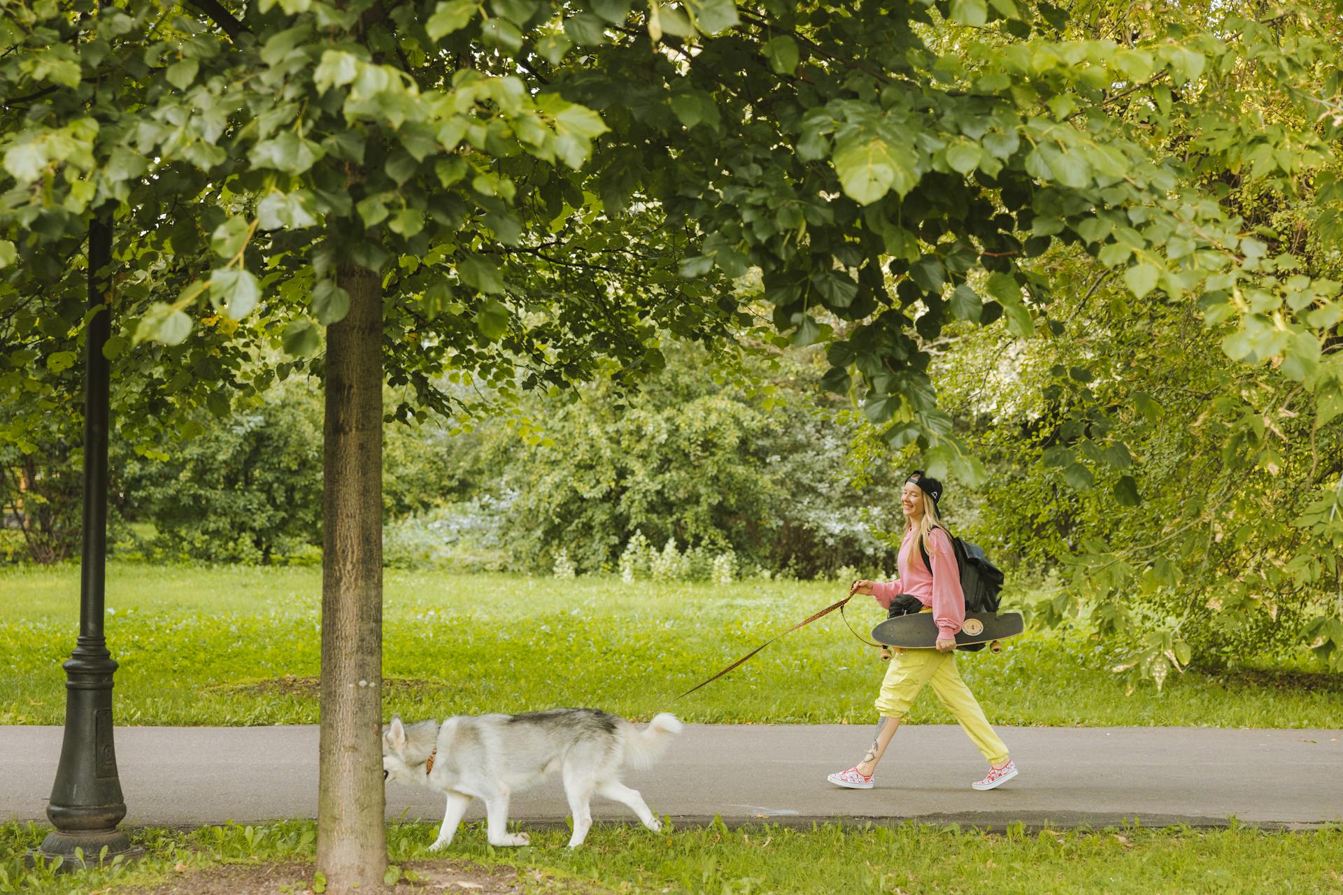 Woman Walking the Dog on Sidewalk