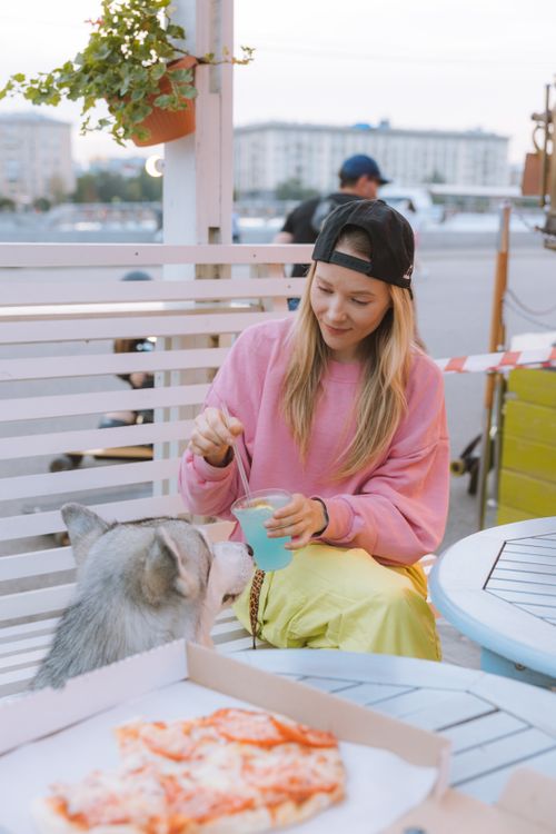 Free Young woman with a husky dog sharing a moment at an outdoor cafe, enjoying a cold drink. Stock Photo
