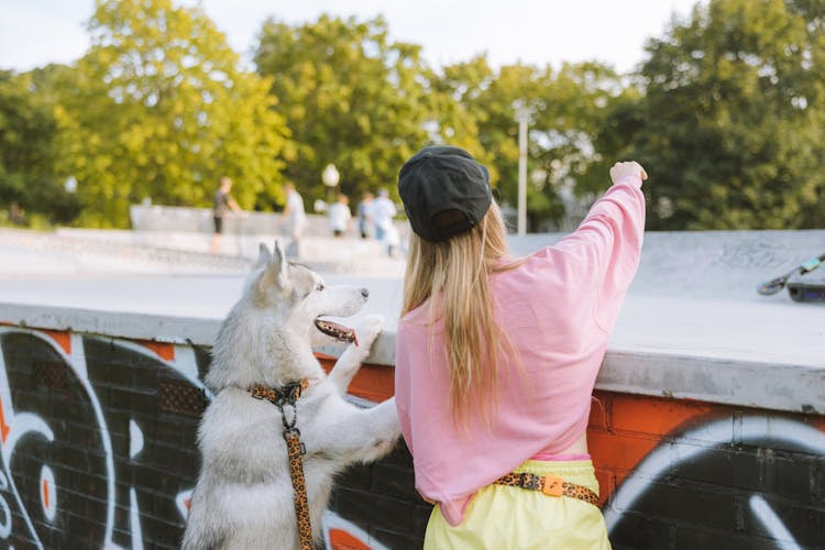 Woman Standing Behind Wall Beside White Dog