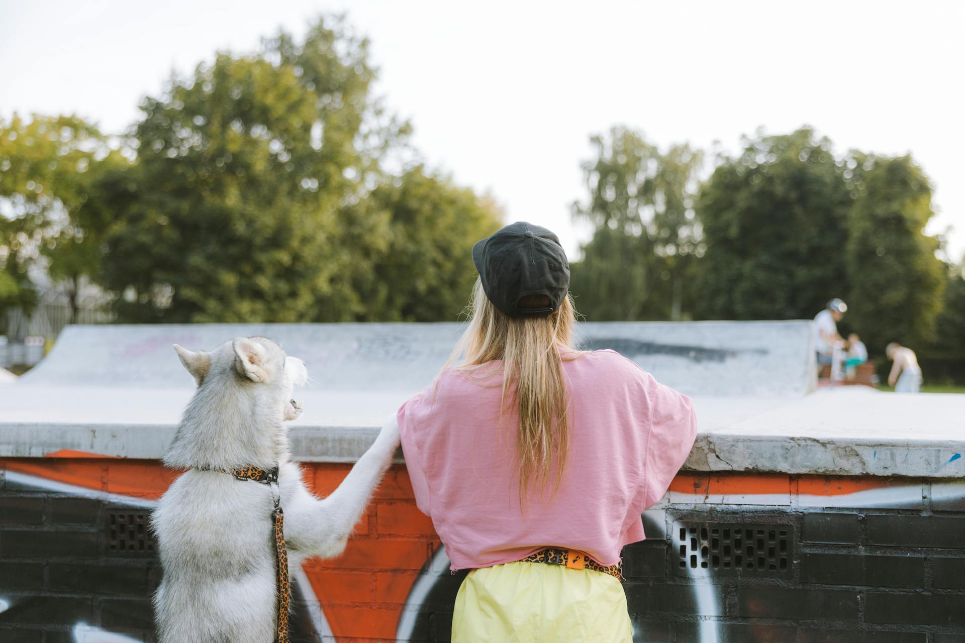 Woman and Dog Standing Near Concrete Fence