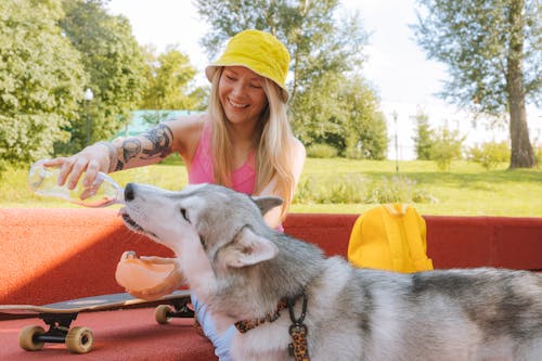 Woman in Yellow Knit Cap Sitting Beside Siberian Husky