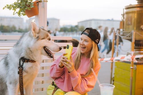 Free Girl in Pink Shirt with Black Cap Sitting Beside a Siberian Husky Stock Photo