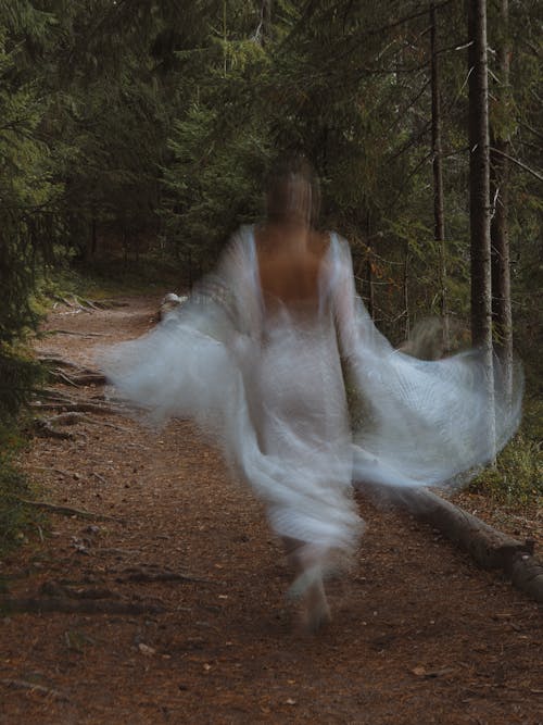 Blurred Bride Walking in Forest
