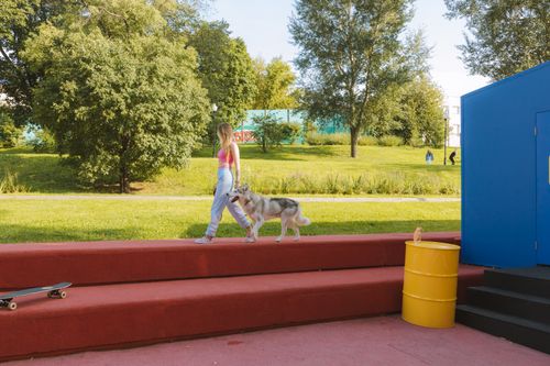 Free A woman walks her husky dog on a sunny day in a vibrant urban park with lush greenery and colorful surroundings. Stock Photo