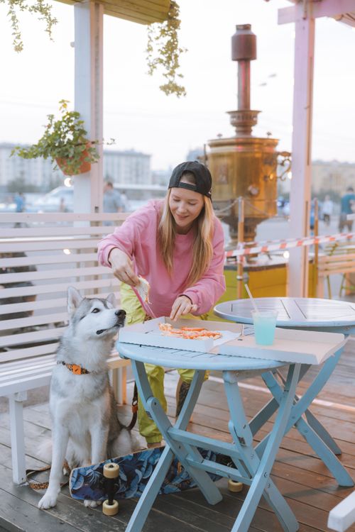 Free A woman and her Siberian husky enjoy pizza together at an outdoor cafe. Stock Photo