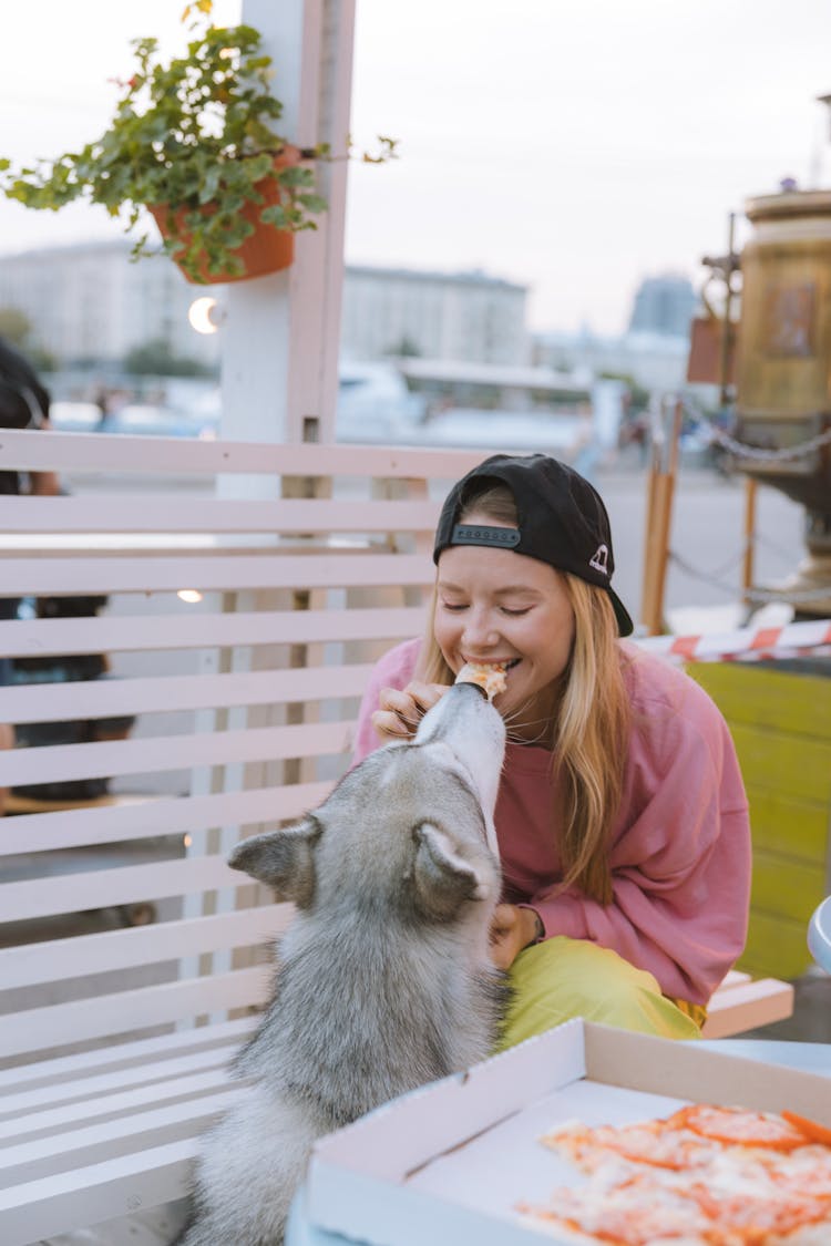 Woman Wearing Cap Feeding A Dog