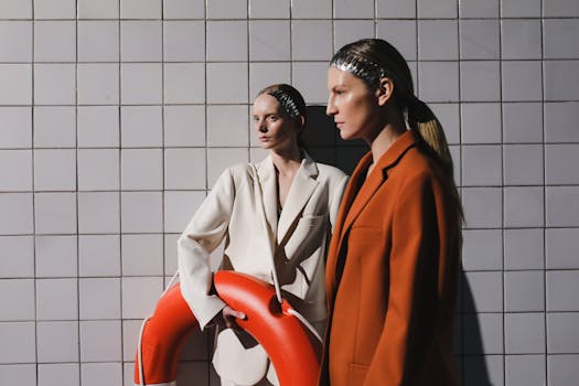 Two women in oversized fashion blazers posing creatively with a lifebuoy.