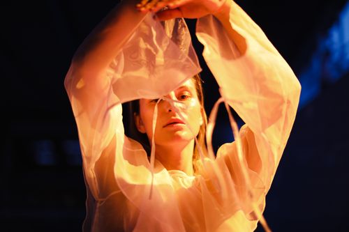 Free Creative portrait of a woman with flowing fabric in warm, dramatic lighting for artistic effect. Stock Photo