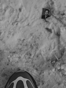 Black and white photo of a snowy ground with a photograph and a shoe.