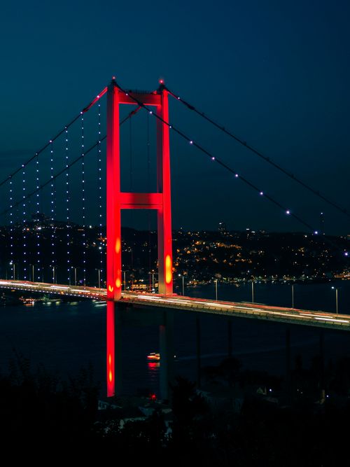 Free Stunning view of the illuminated Bosphorus Bridge in Istanbul at night. Stock Photo