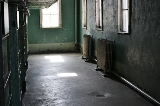 阳光透过窗户，射入一栋废弃建筑中空荡荡的走廊