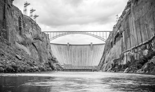 Grayscale Photo of a Dam