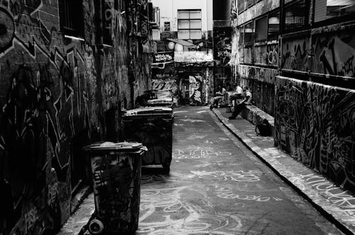 Free Grayscale Photo of Trash Bin near Wall with Graffiti Stock Photo
