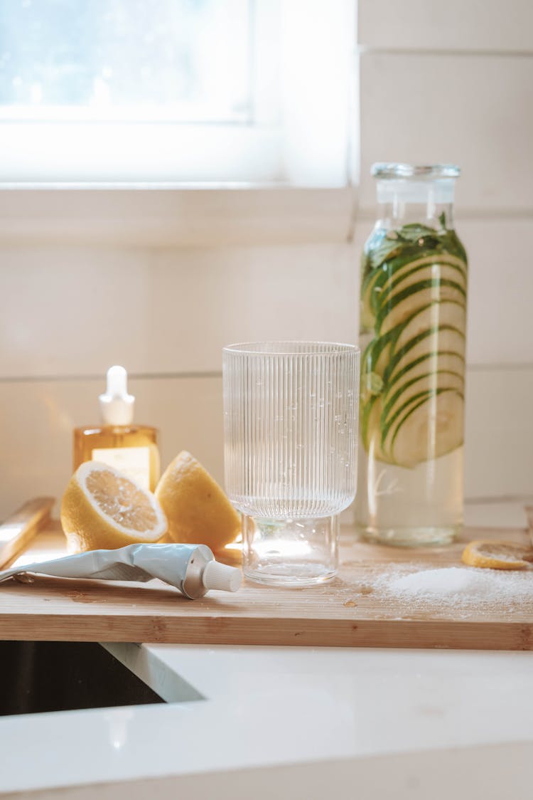 Water And Glass On Board Indoors