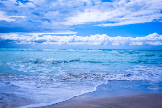 迷人的海滩、海浪与充满活力的蓝天，非常适合沿海主题