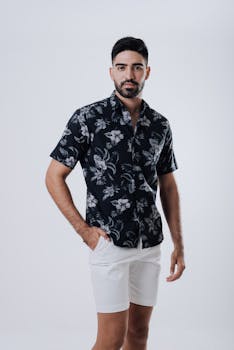 Fashionable male model posing in floral shirt and white shorts against a white background.