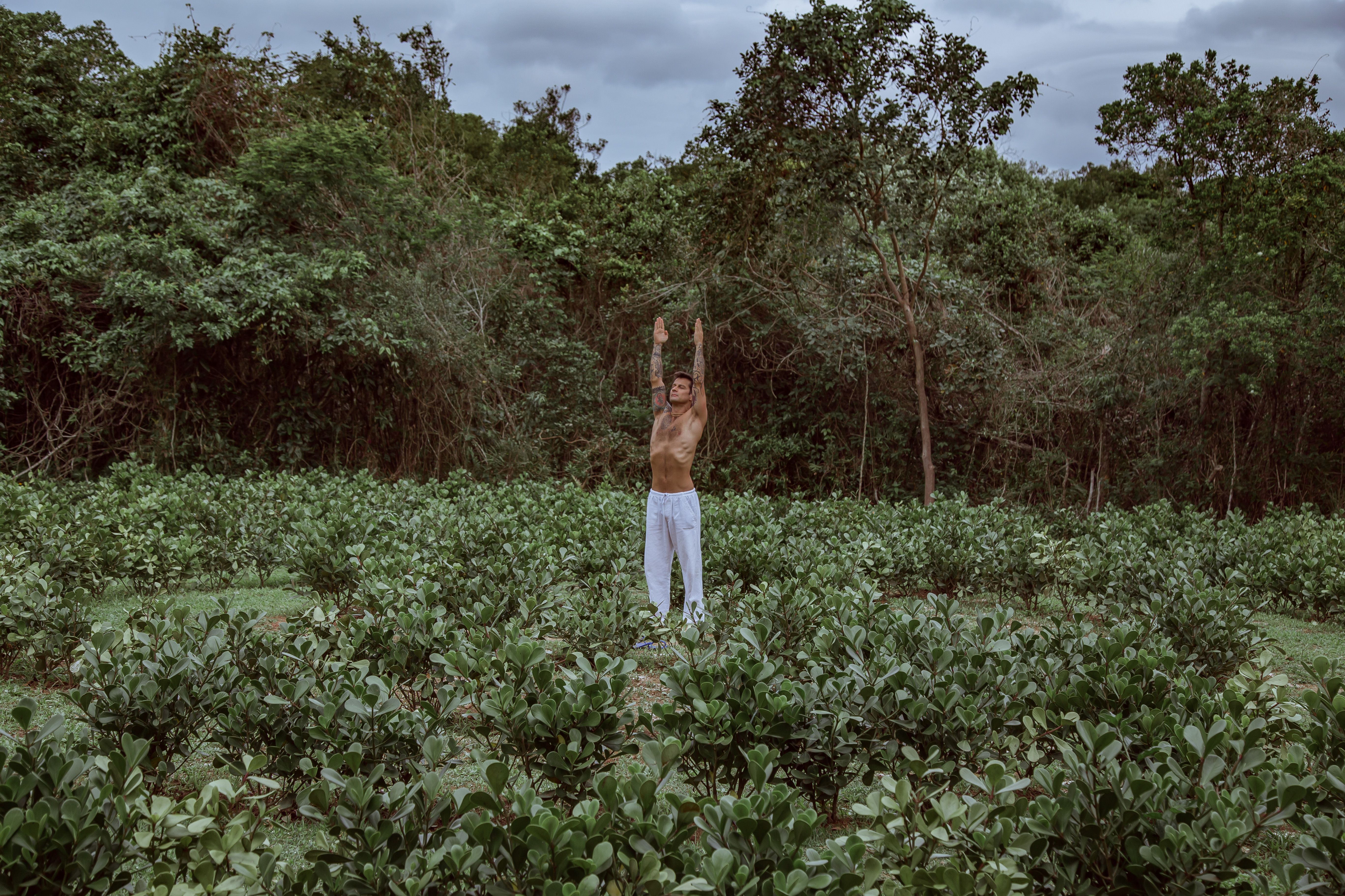 Shirtless man practicing yoga with arms raised in a green field, promoting wellness and mindfulness.