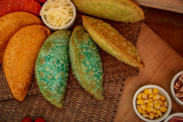 Vibrant Brazilian pastel arrangement served with corn and cheese for a delightful snack.