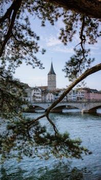 Stunning view of St. Peter's Church and the Limmat River in Zurich, framed by trees.