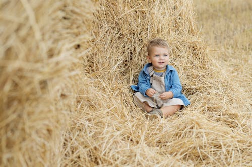 An Adorable Boy Sitting on a Hay