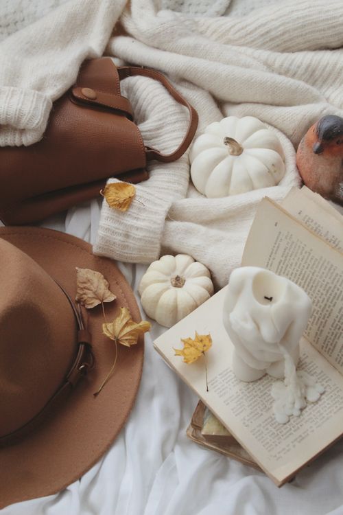 Free Flat lay of cozy autumn vibes with books, candles, pumpkins, and warm clothing on soft fabric. Stock Photo