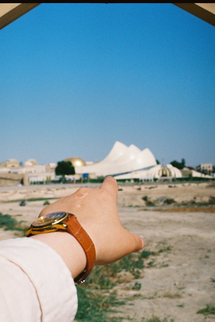 Person Wearing Gold And Brown Watch Finger Pointing 