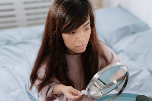 Asian woman with long hair doing her makeup in the morning, sitting on a bed with a mirror.