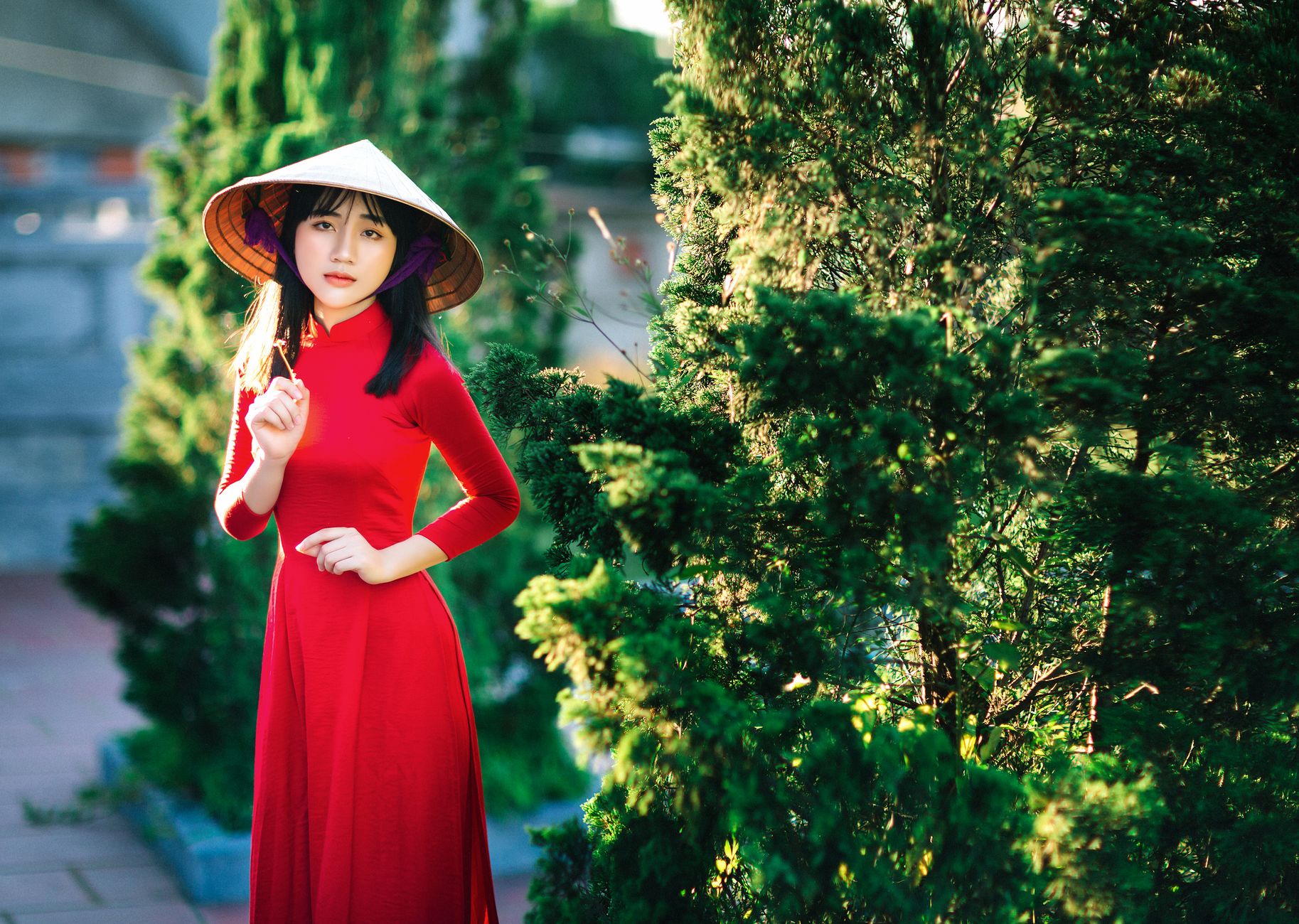 Woman in red ao dai and conical hat standing near green trees outdoors in daylight.