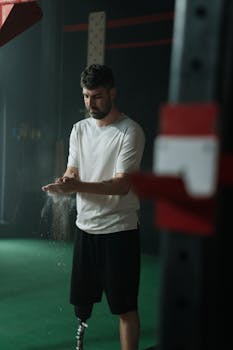 A man with a prosthetic leg applies powder on his hands in a gym setting.