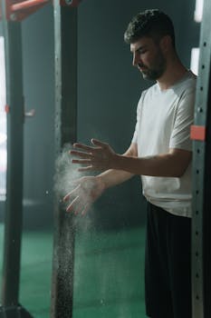 Man in gym applying chalk to hands before workout. Focused preparation for intense physical activity.