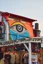 Blue and White Owl Graffiti on Red Building