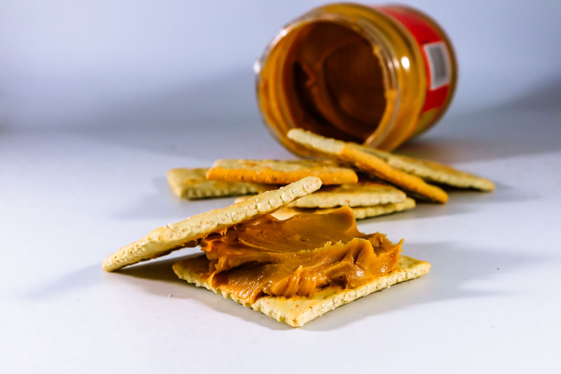 Close-up of peanut butter filled pretzels on a rustic plate