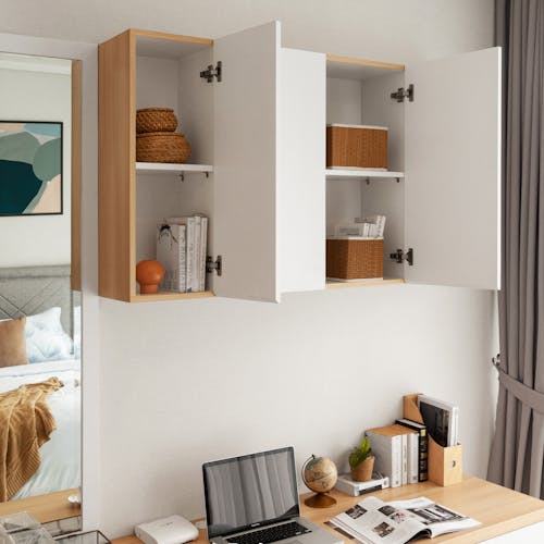 Desk with Shelves Hanging on Wall