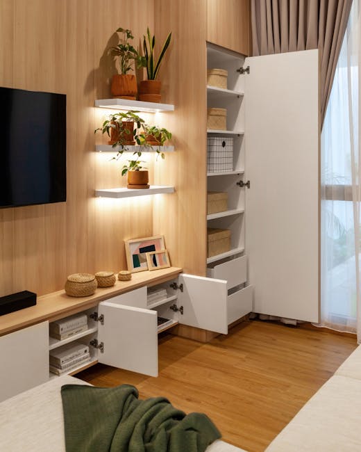 Sleek modern interior with wooden shelving, potted plants, and natural lighting.