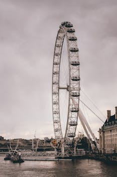 Stunning view of the London Eye Ferris wheel on a cloudy evening by the River Thames.