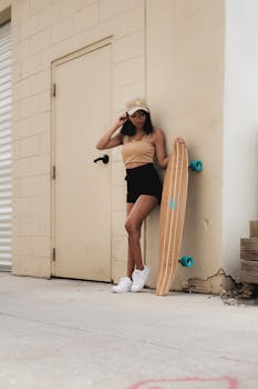 Trendy woman standing with a longboard in an urban setting, embodying a casual and modern lifestyle.