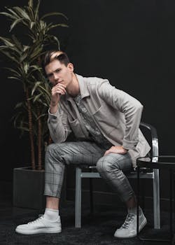 A fashionable man sits stylishly indoors, exuding elegance and modern flair.