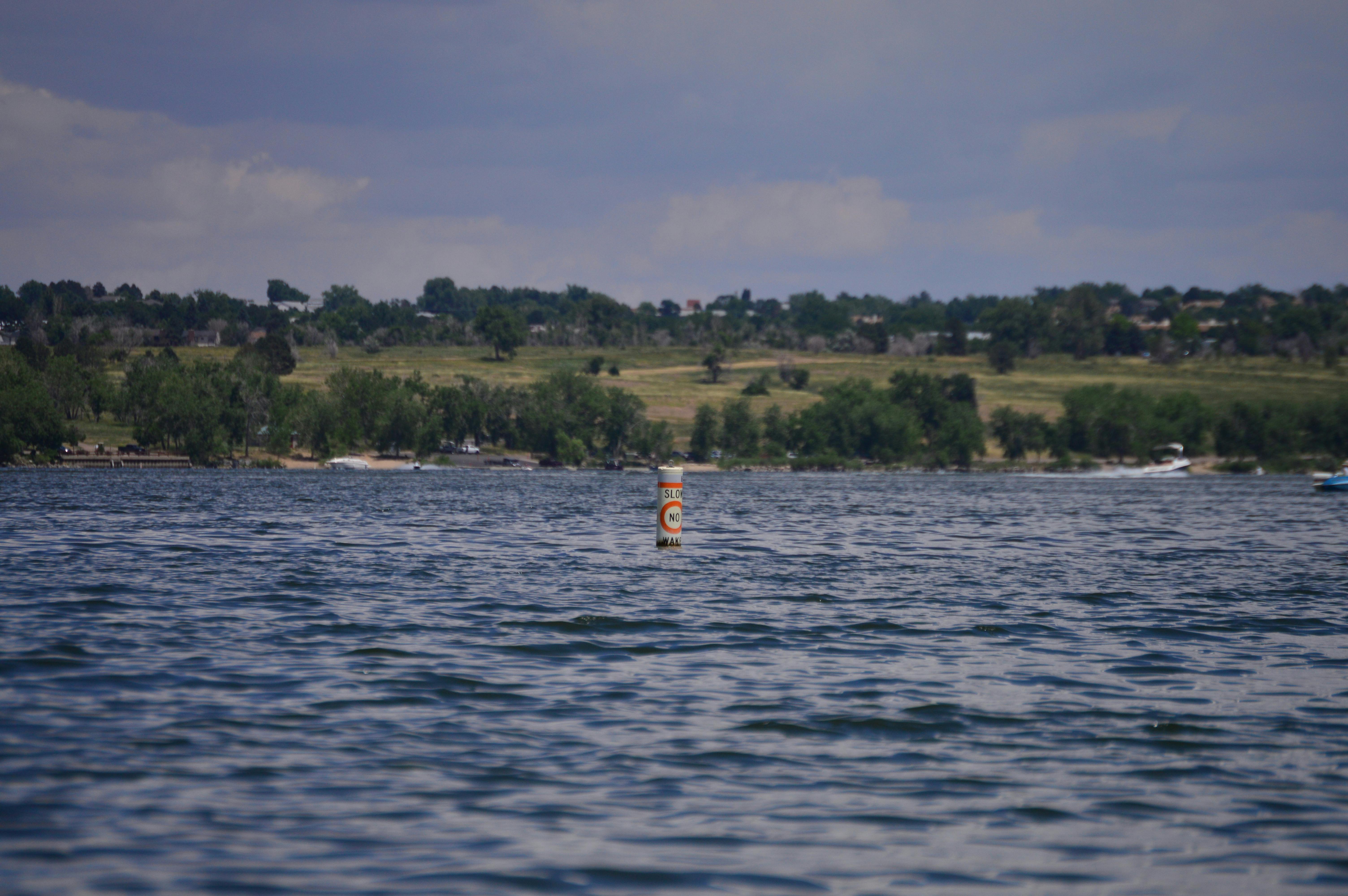 A tranquil scene of a buoy floating in a serene Colorado lake, against a lush green backdrop.