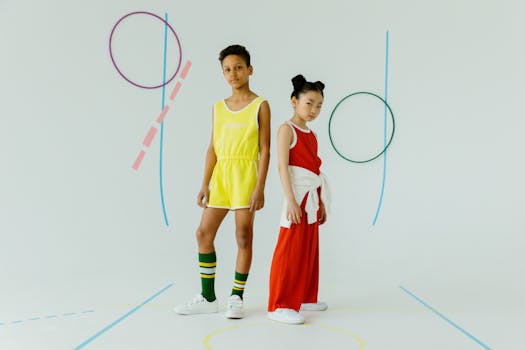 Two kids in colorful sportswear stand confidently against an artistic backdrop, expressing style and athletic youth.