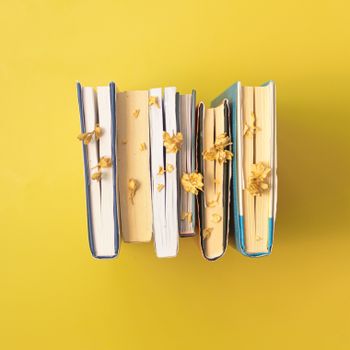 A collection of books with dried flowers on a vibrant yellow surface for aesthetic decoration.（イメージ）