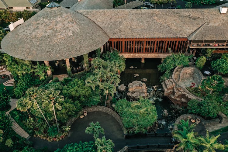 Tropical Garden Near Traditional Asian Building 